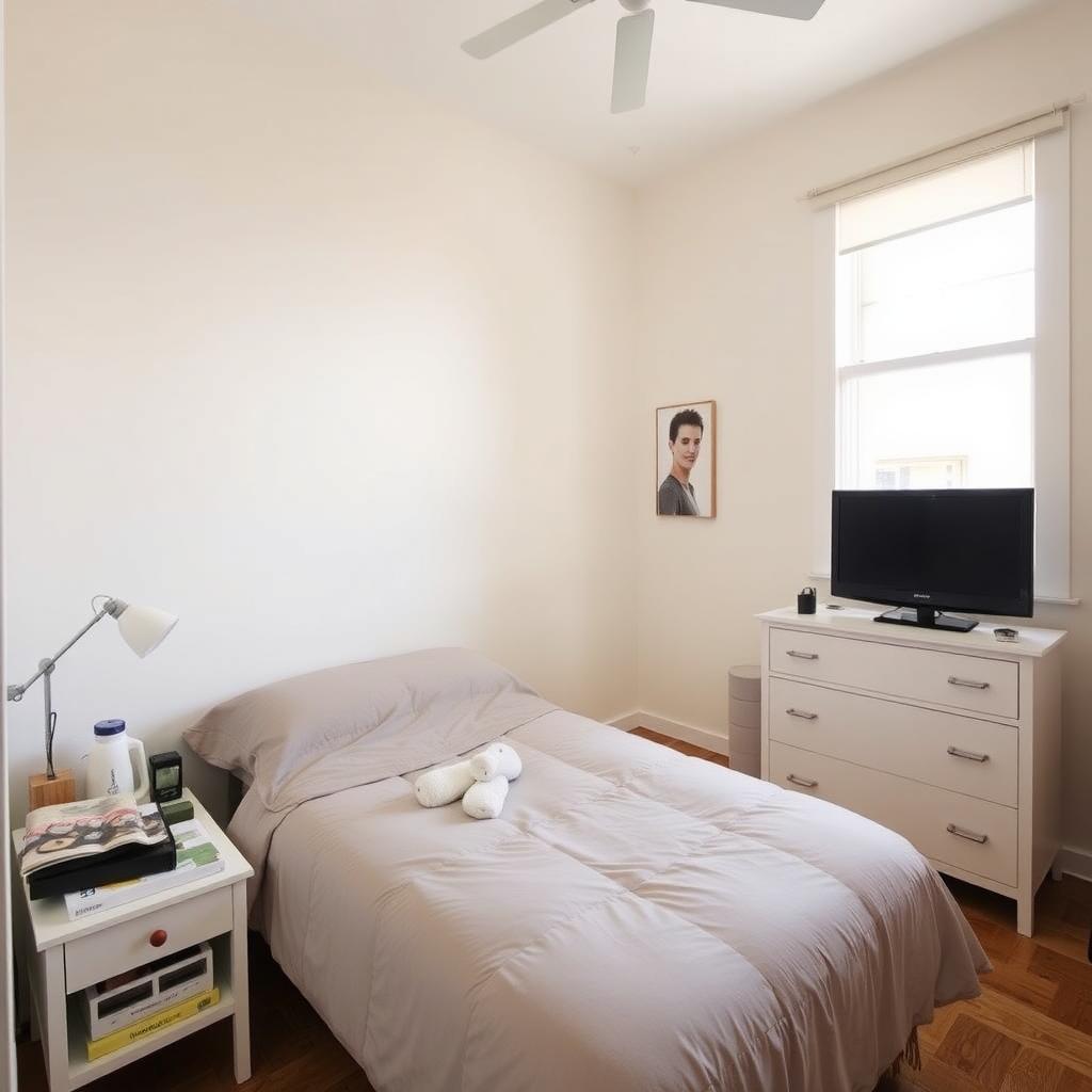 A practical bedroom with a cozy bed and multi-use furniture.