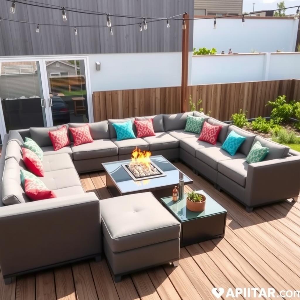 Modular outdoor sectional sofa in gray with coral and turquoise pillows, arranged around a fire pit on a wooden deck with string lights and a small herb garden.