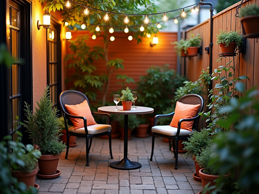 Cozy small patio with bistro set and string lights