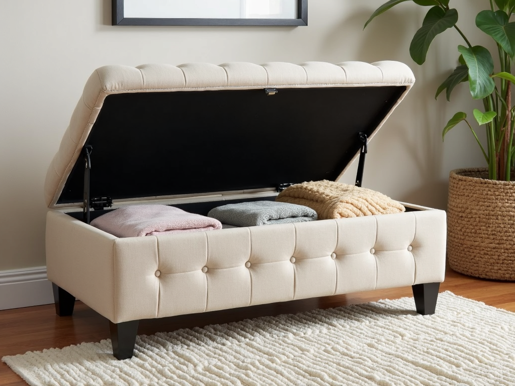An ottoman with hidden storage, ideal for organizing living spaces.