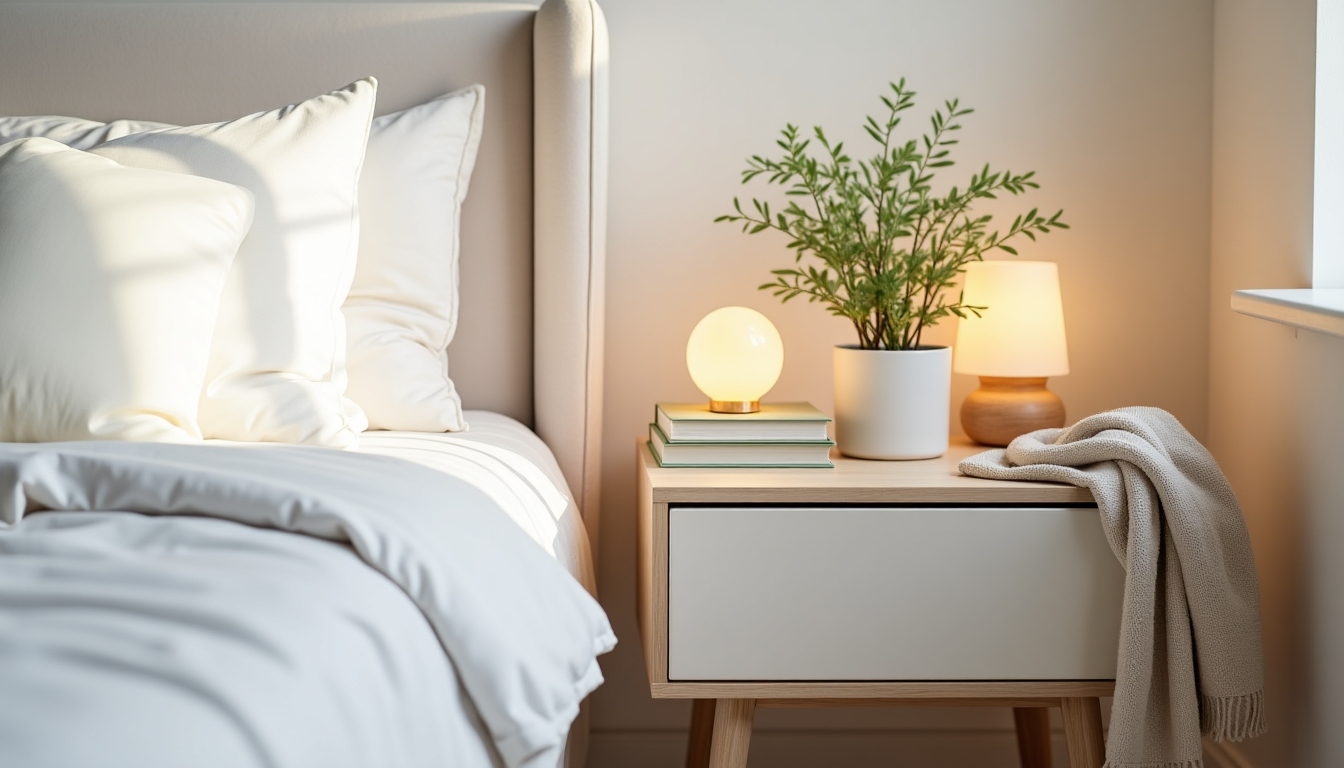 A cozy bedroom with a beautifully organized nightstand featuring a lamp, a plant, a book, and a glass of water.