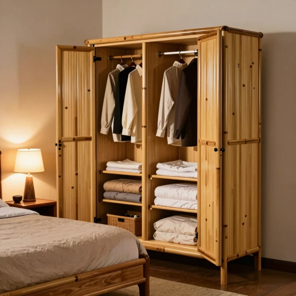 Organized bedroom highlighting a sustainable bamboo armoire