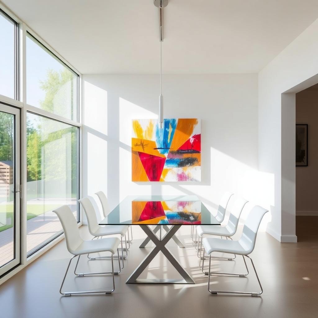 Bright dining room with a glass table, white chairs, and a minimalist linear chandelier under natural light.