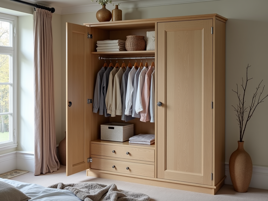 A styled space-saving armoire in a bedroom, blending storage with decorative appeal.
