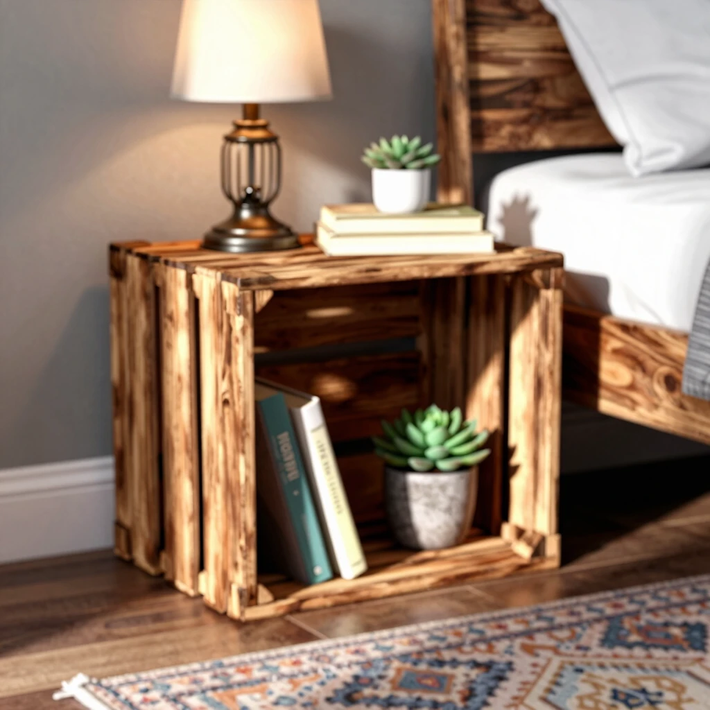 Rustic DIY crate nightstand adding charm to a small bedroom