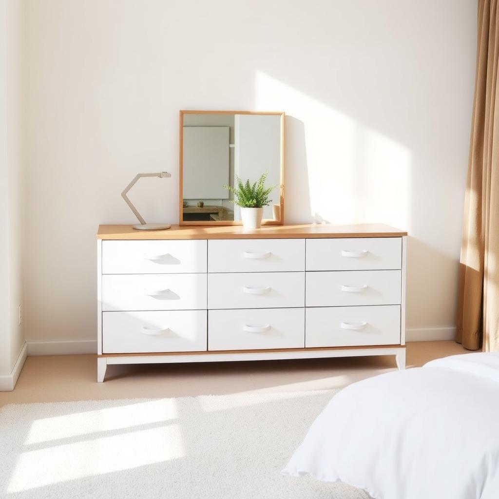 A white six-drawer dresser in a minimalist bedroom, decorated with a small plant and mirror, bathed in soft sunlight.