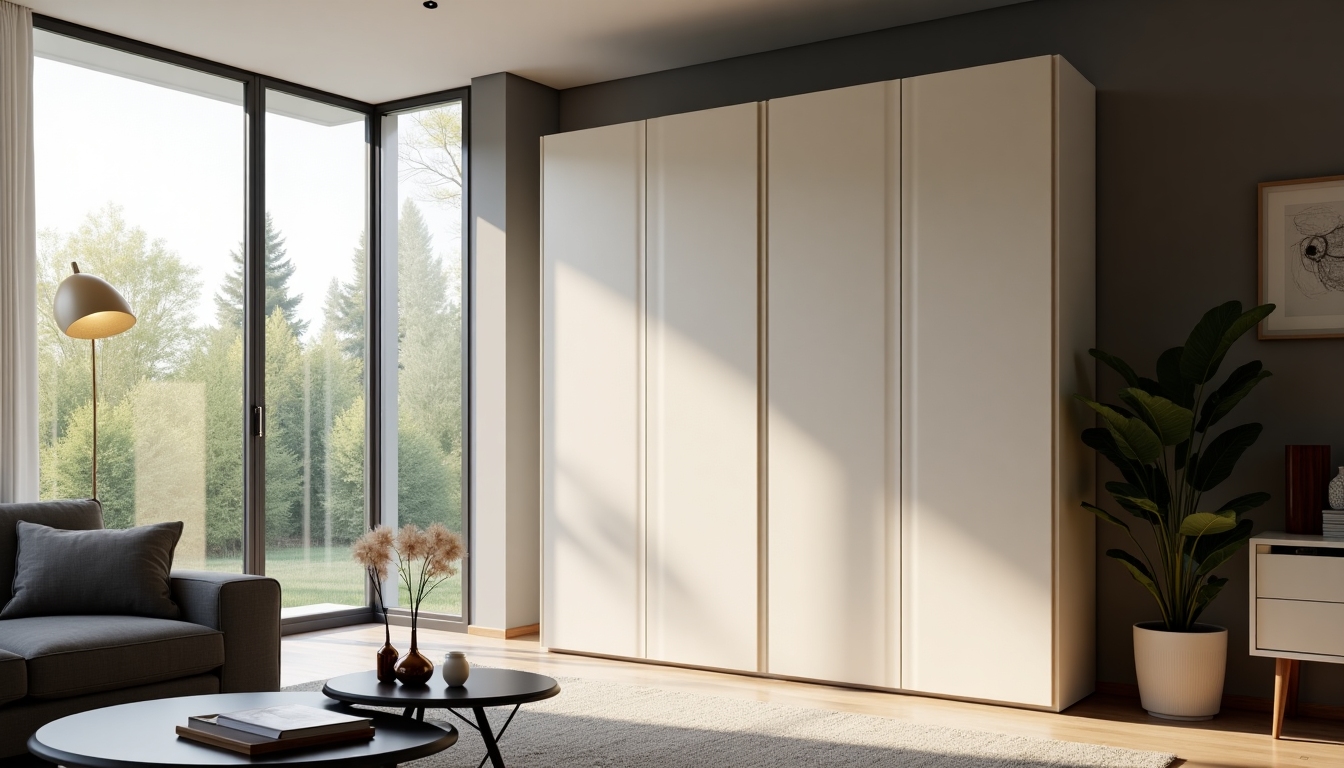 A sleek, minimalist armoire in a modern living room with subtle decor and clean lines.