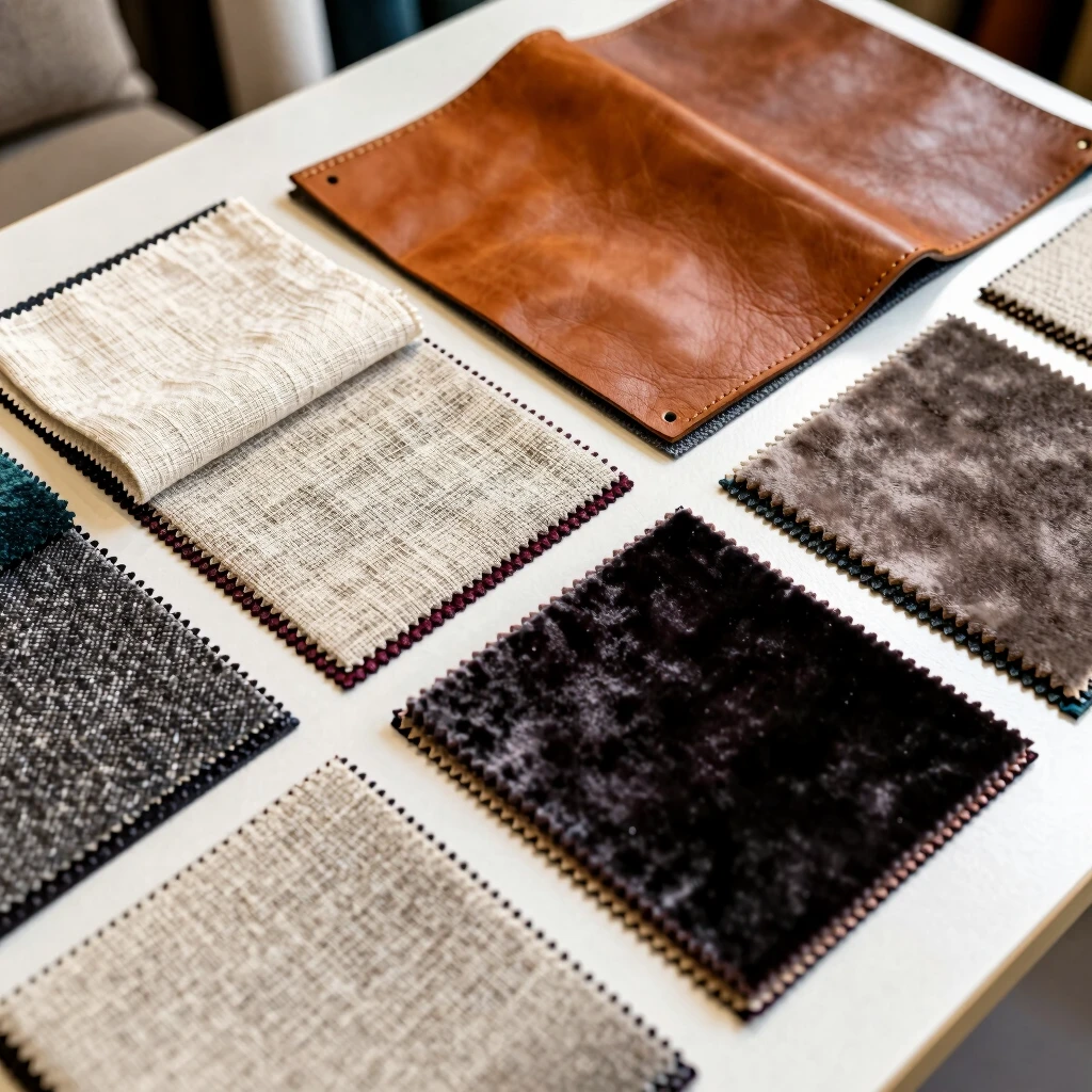 Various upholstery fabric swatches including cotton, linen, leather, velvet, and polyester