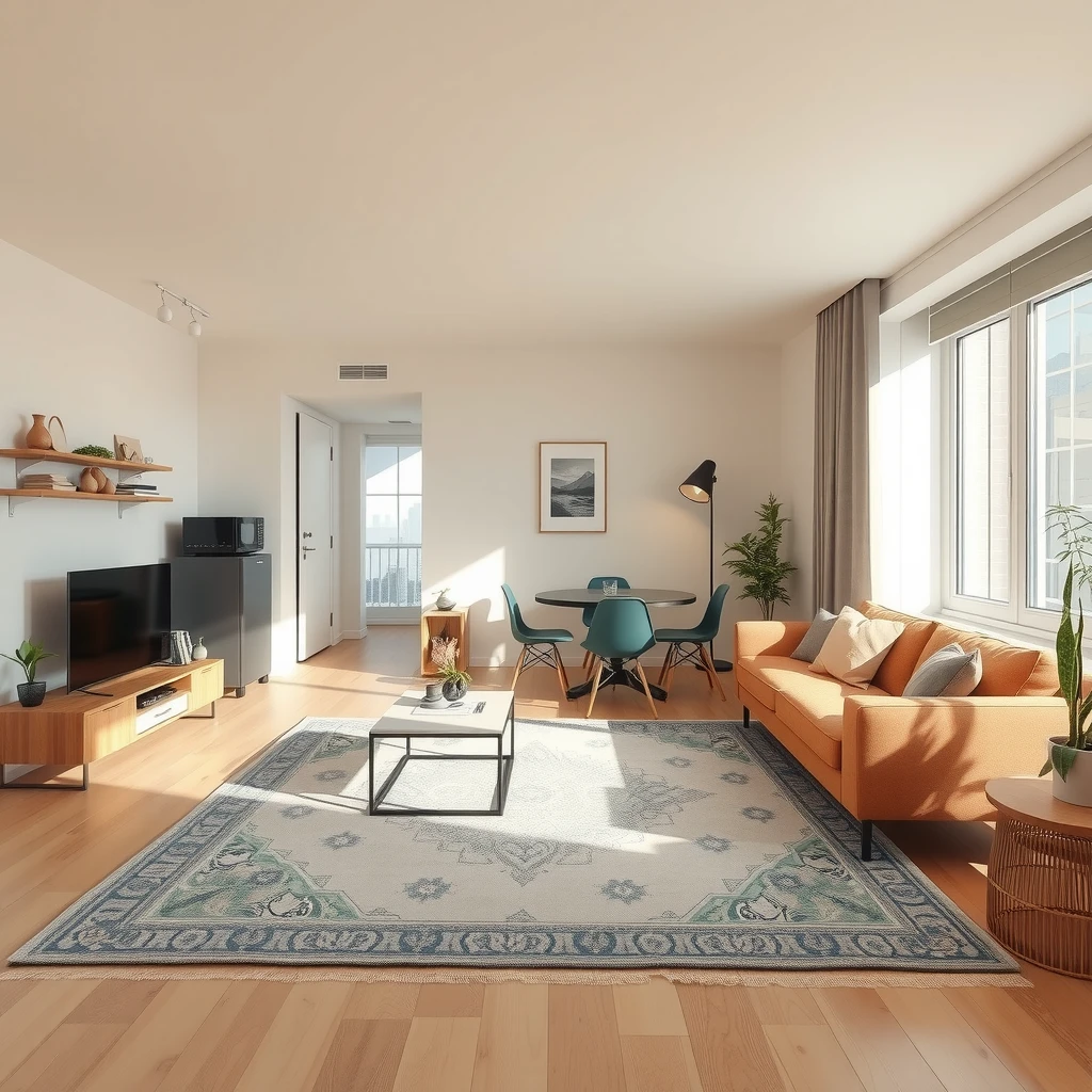 Open-plan small apartment with zoned living and dining areas using rugs and vertical storage