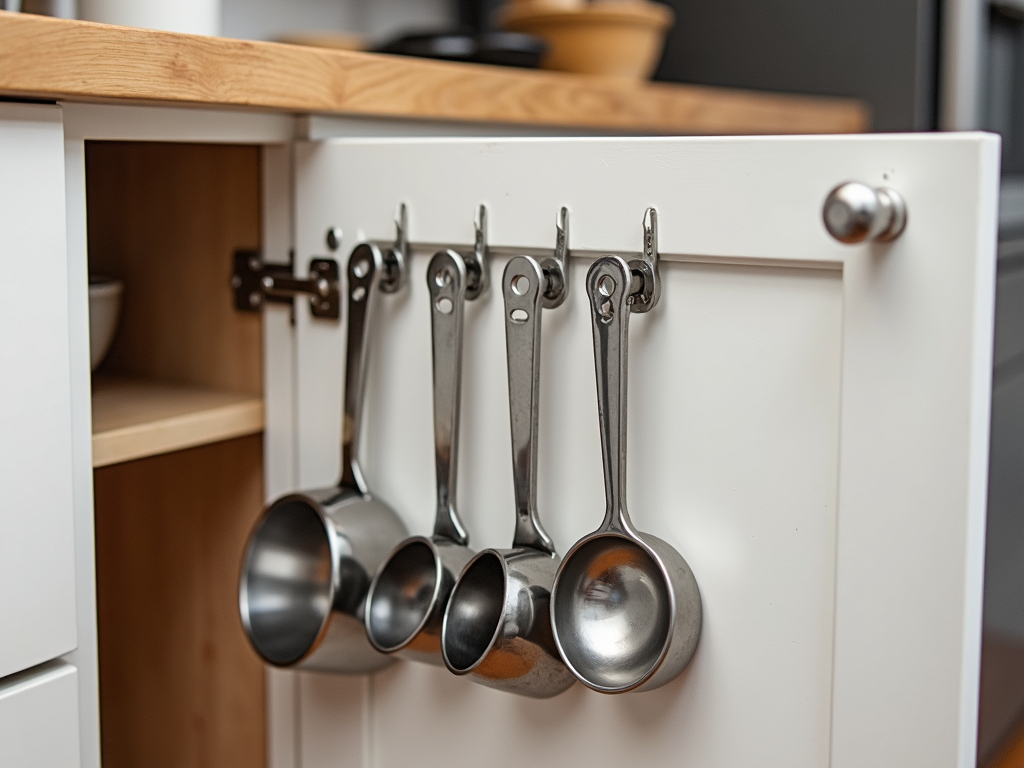 Kitchen cabinet door with hooks for measuring tools.