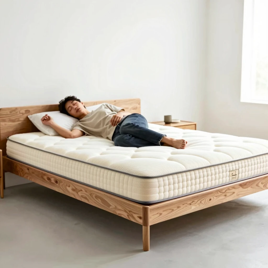 Person sleeping peacefully on an organic mattress in a serene minimalist bedroom