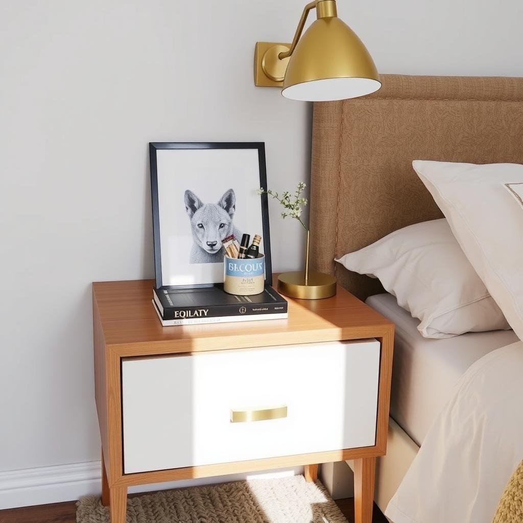 A nightstand with a sleek lamp, a hardcover book, and a clear glass of water, all spaced out evenly on a polished wood surface.