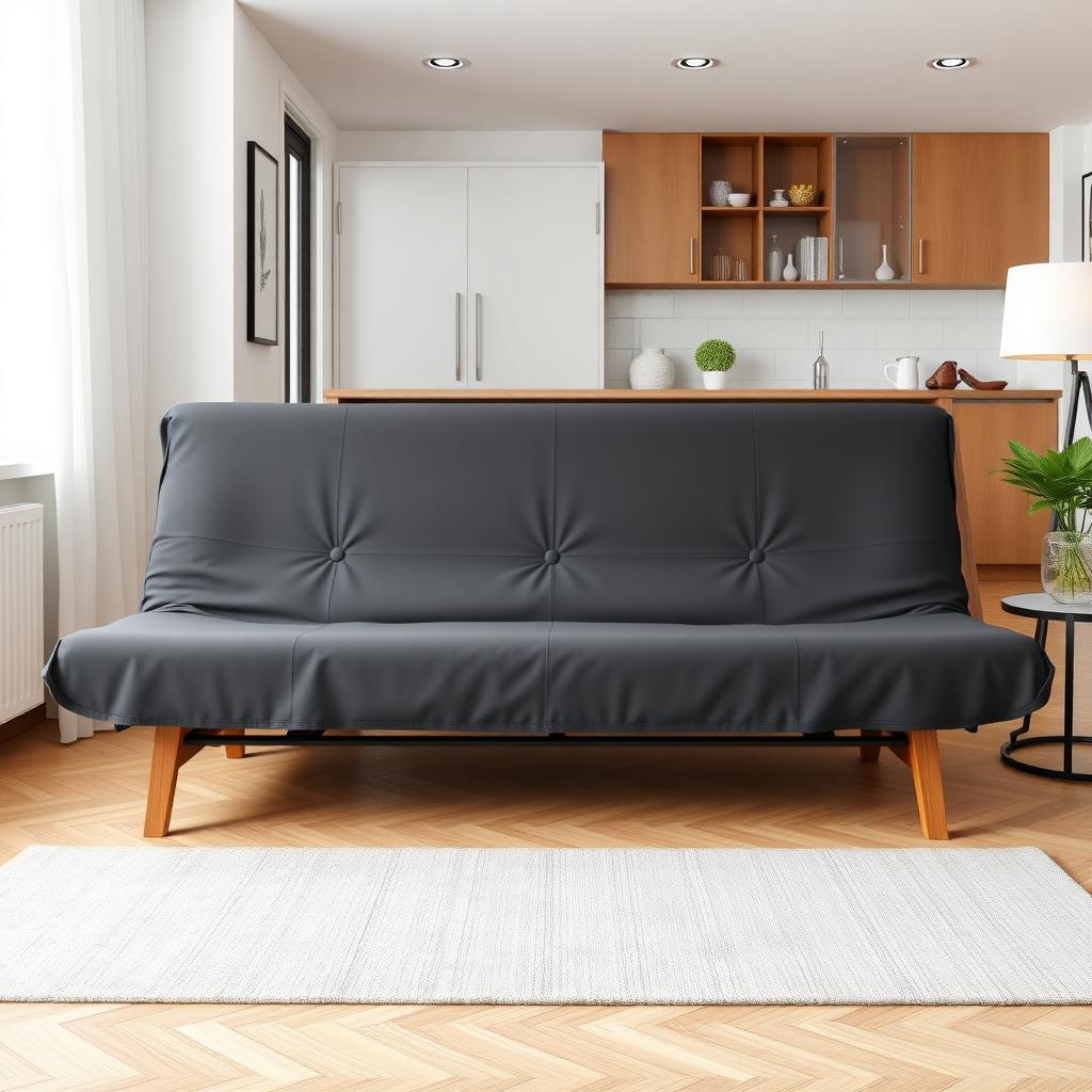 A futon in a modern, urban apartment, with a cover that complements the contemporary decor.