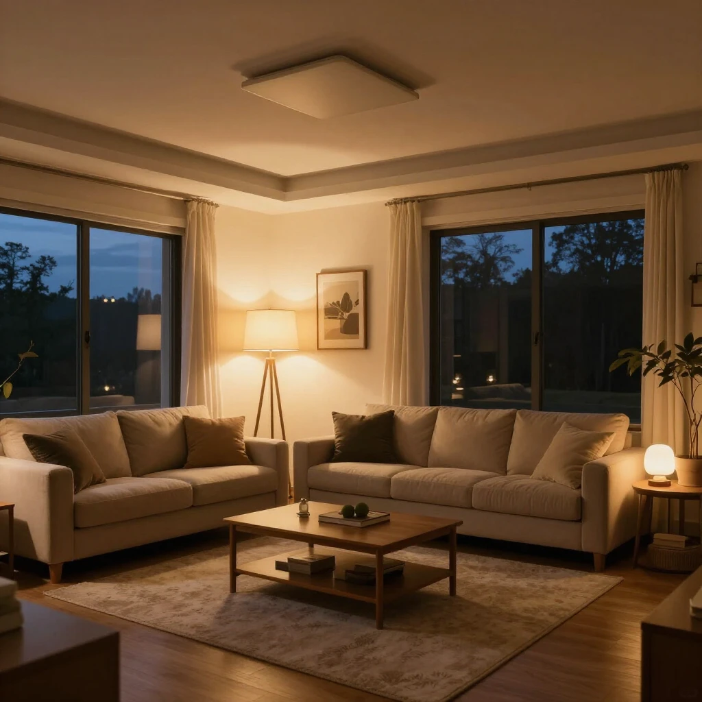 Cozy warmly lit modern living room with layered lighting for a welcoming feel