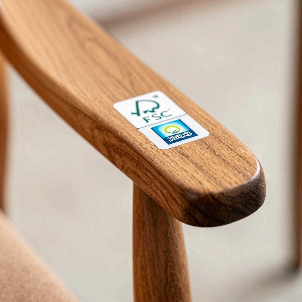 Detailed view of sustainable certification labels on furniture