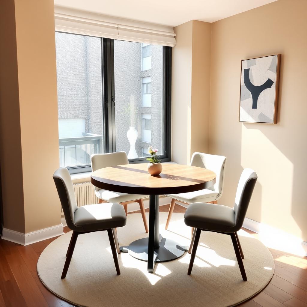 Cozy dining nook with a round wooden table, four cushioned chairs, and a minimalist floral centerpiece.