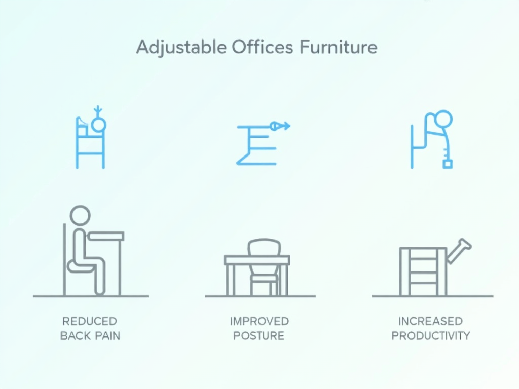 An infographic showing the benefits of adjustable office furniture on health and productivity.