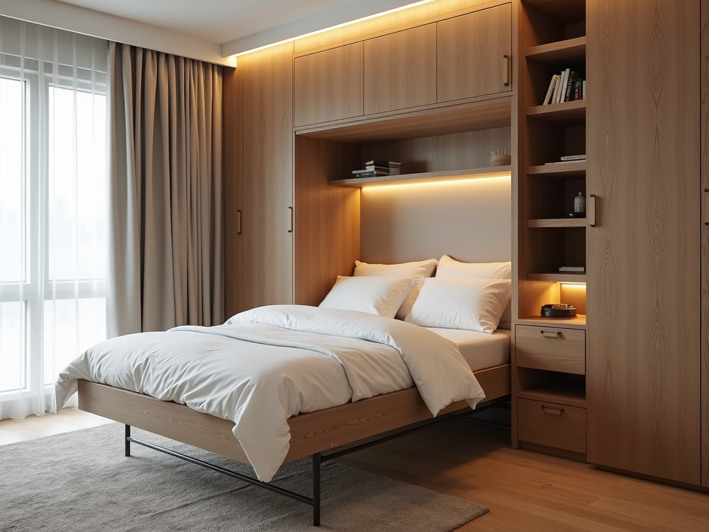 Bedroom with murphy bed and under-bed storage