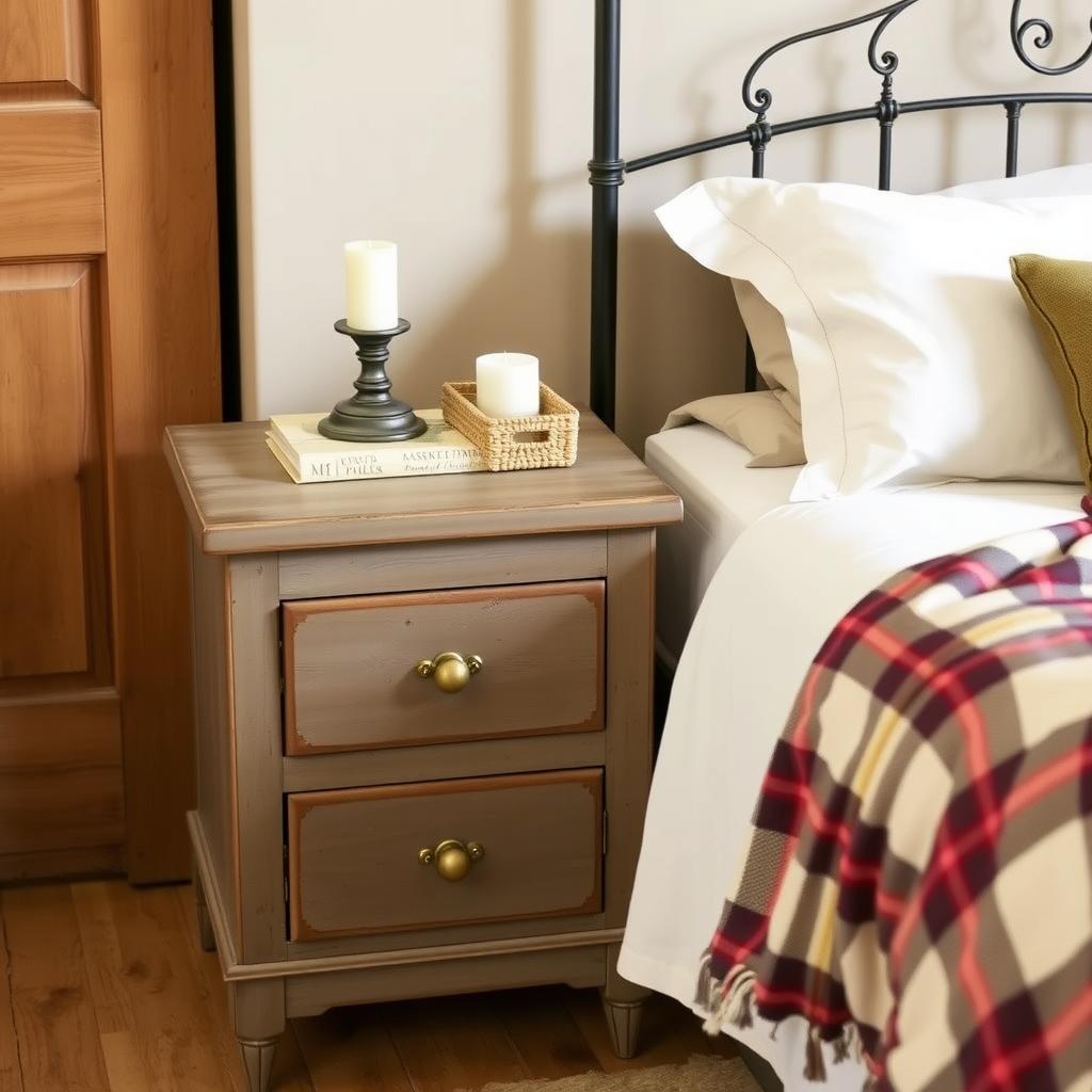 Rustic bedroom featuring a distressed wooden nightstand with two drawers, a woven basket with a candle and book, next to a wrought-iron bed.