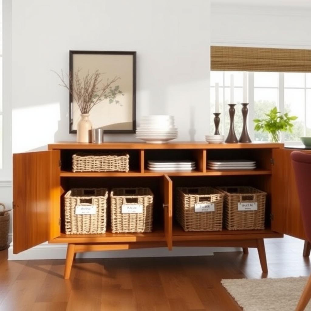 Modern wooden sideboard with organized baskets, plates, and decorative items in a bright dining room