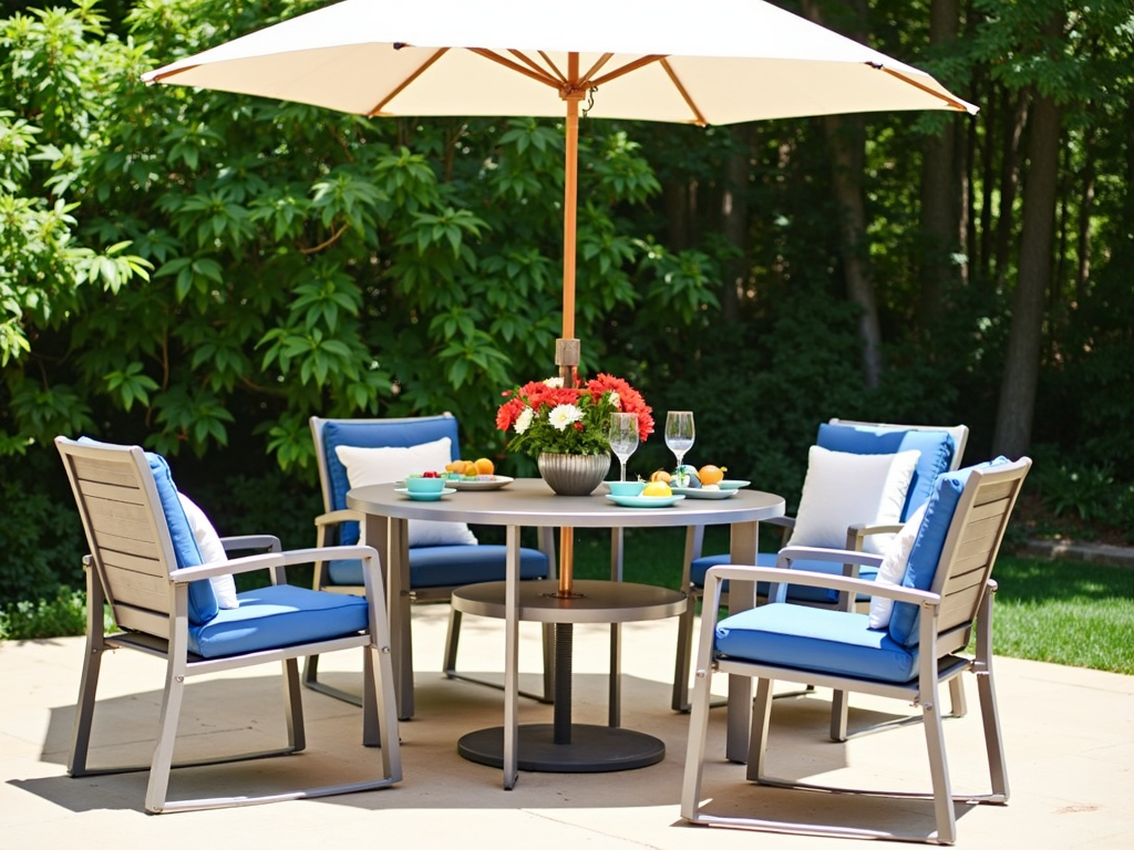 Sunny patio with dining setup and greenery