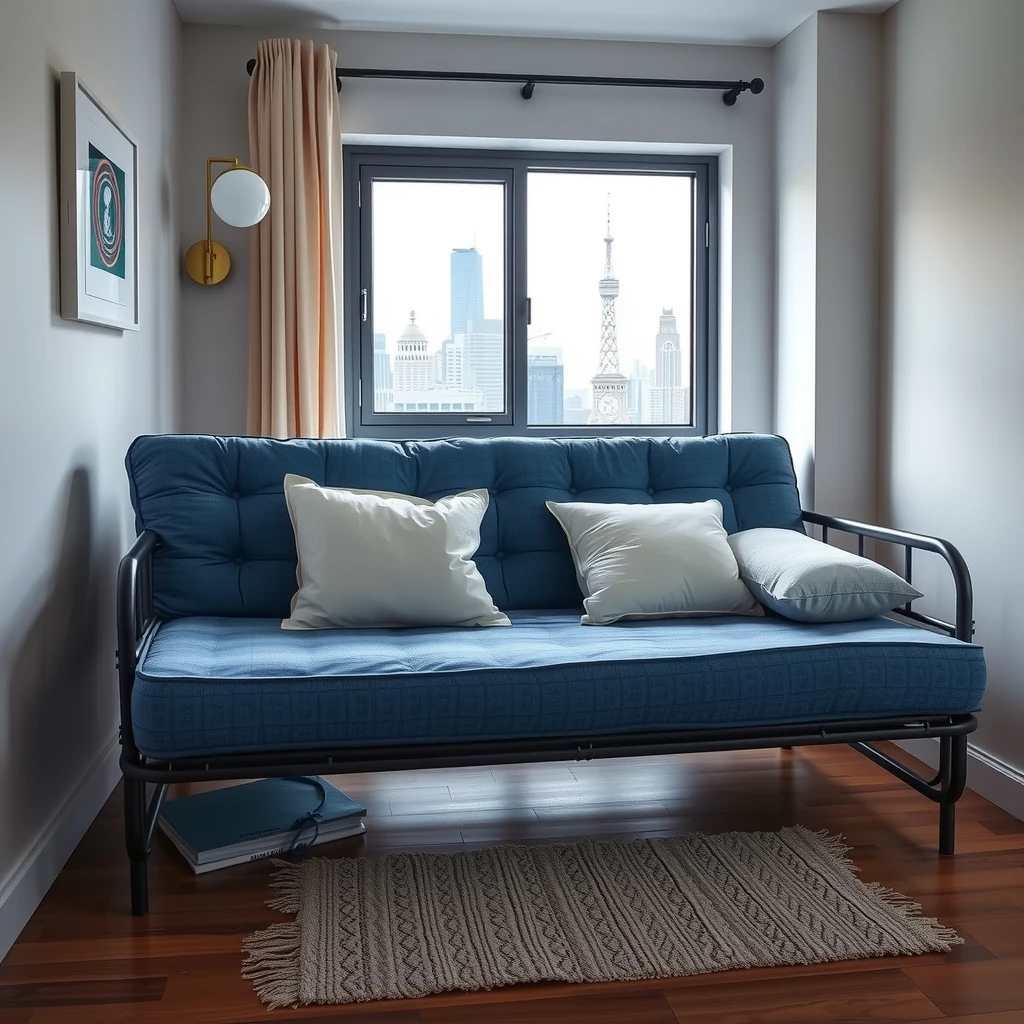 Multifunctional futon in bed mode in a small apartment