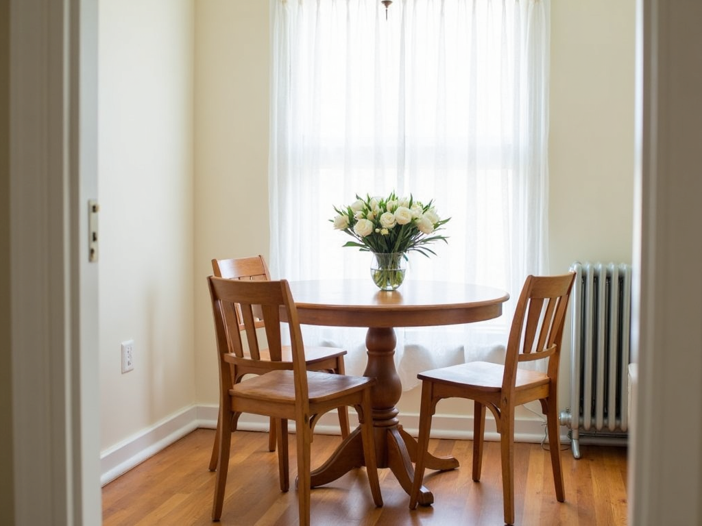 Round dining table in a small space.