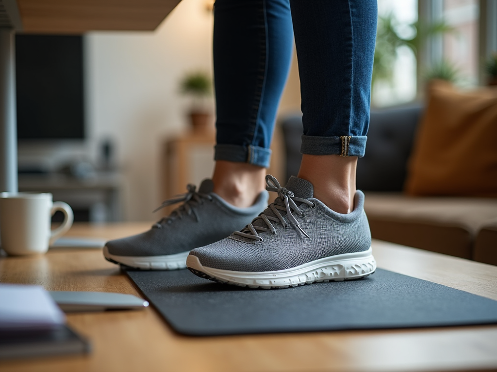 Feet on an anti-fatigue mat at a standing desk