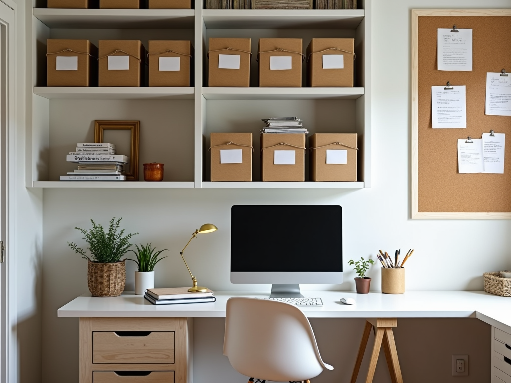 An organized home office with storage solutions.