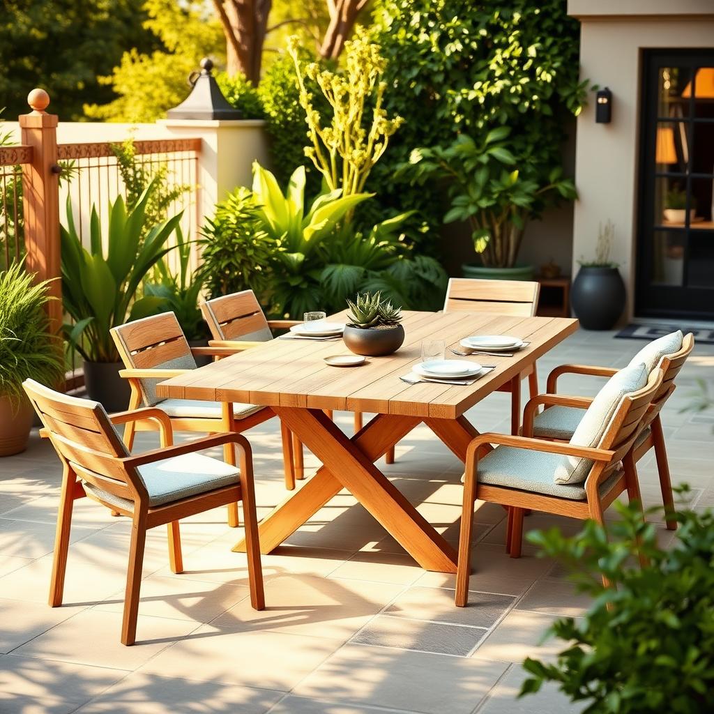 Reclaimed teak outdoor dining set on a sunny patio with greenery