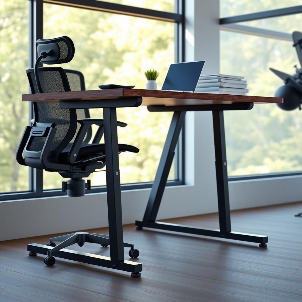 Modern office setup with an adjustable standing desk and ergonomic chair