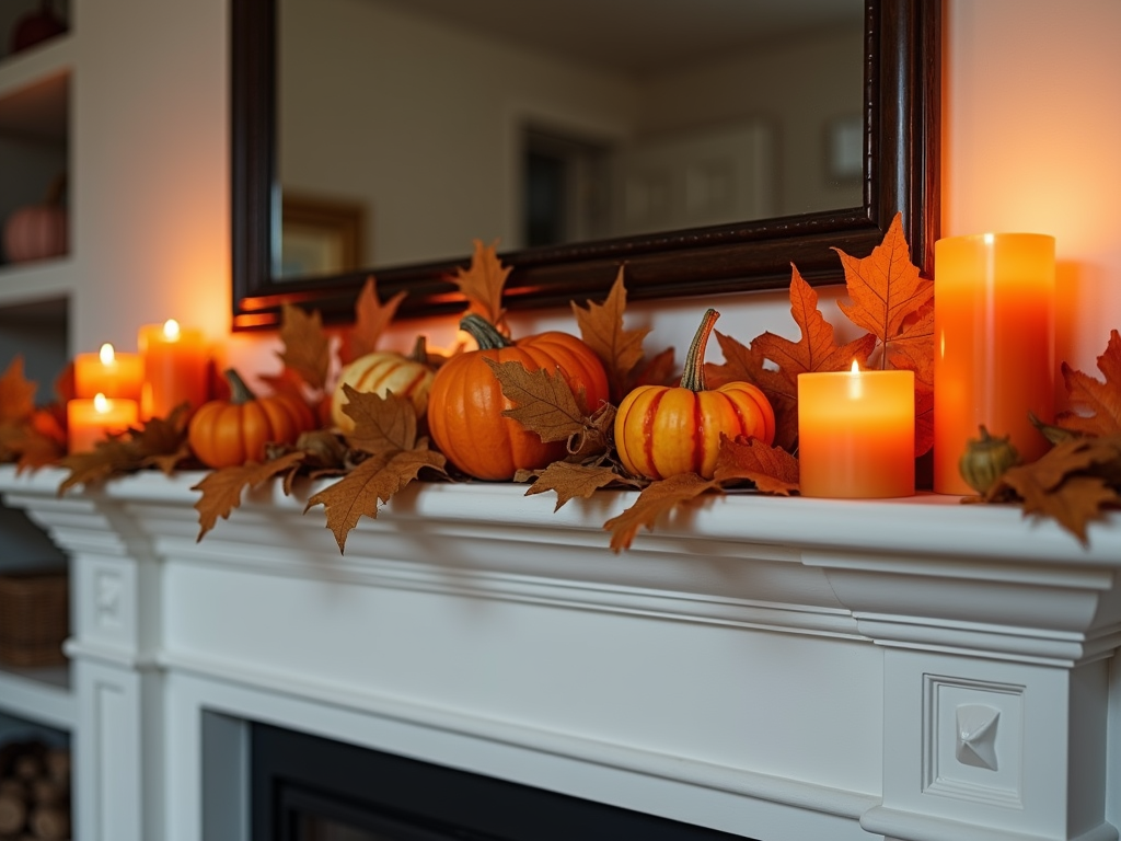 Fall-themed mantel with pumpkins and candles for seasonal decor