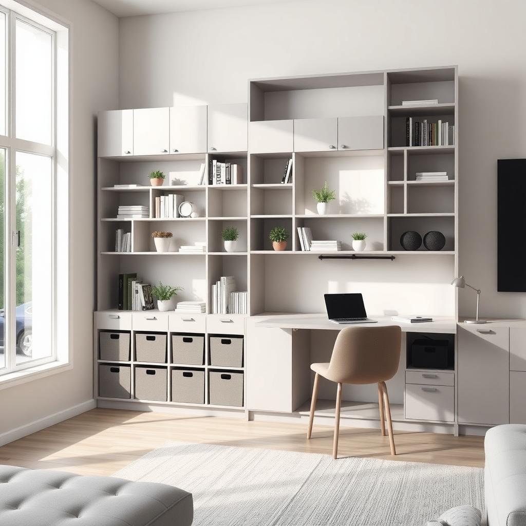 Modern living room with a modular storage system, open shelves, and a fold-out desk.