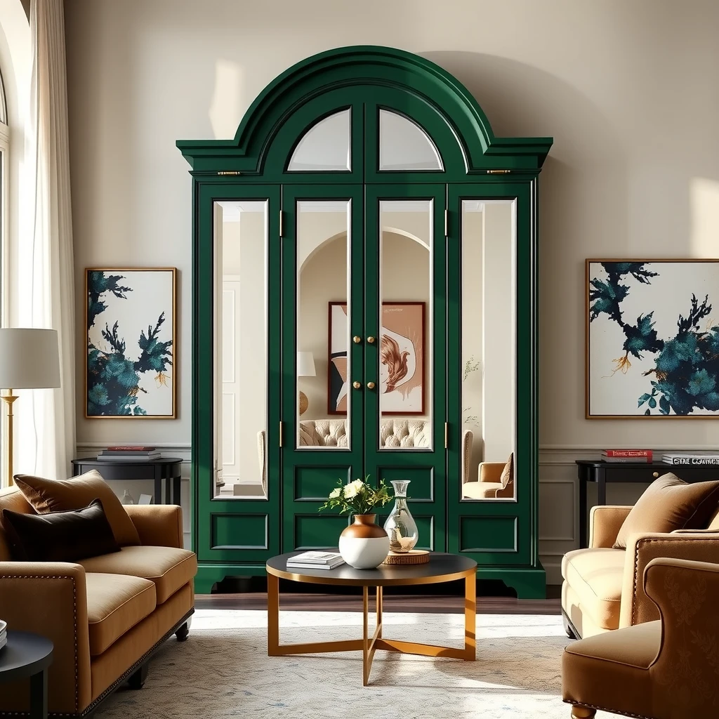 Bold forest green armoire with arched design in living room