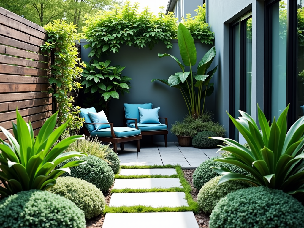 A small garden with plants and decor in shades of green and blue