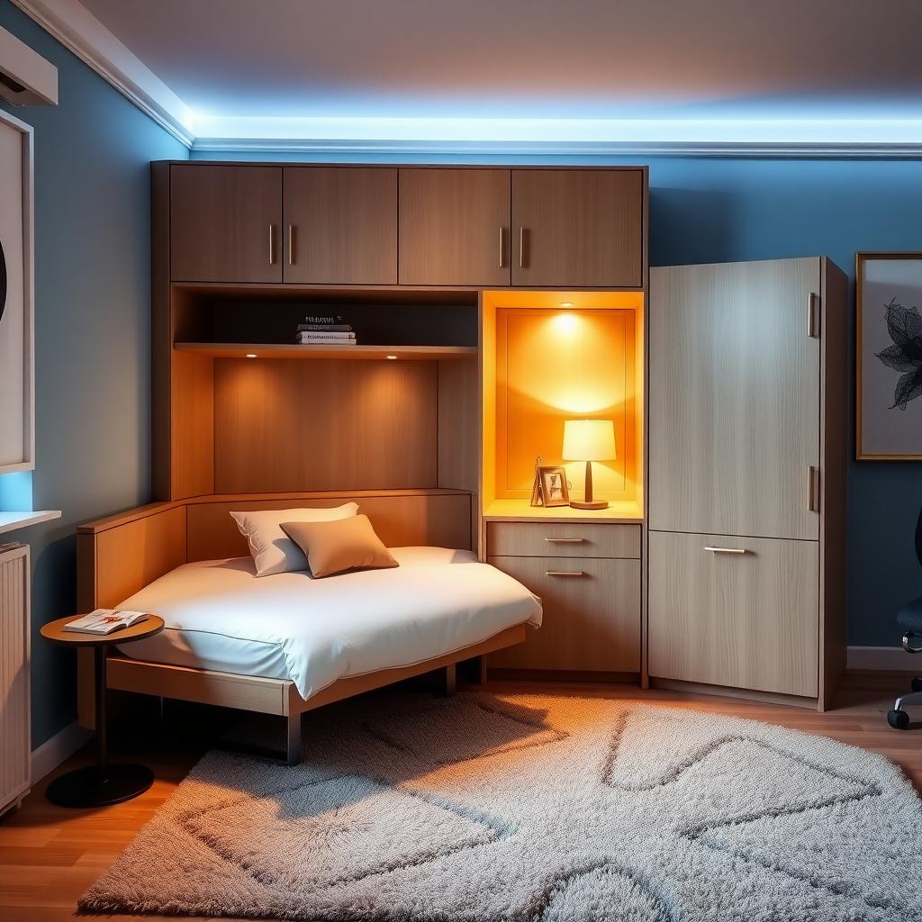 Cozy office rest area with foldable bed and soft lighting