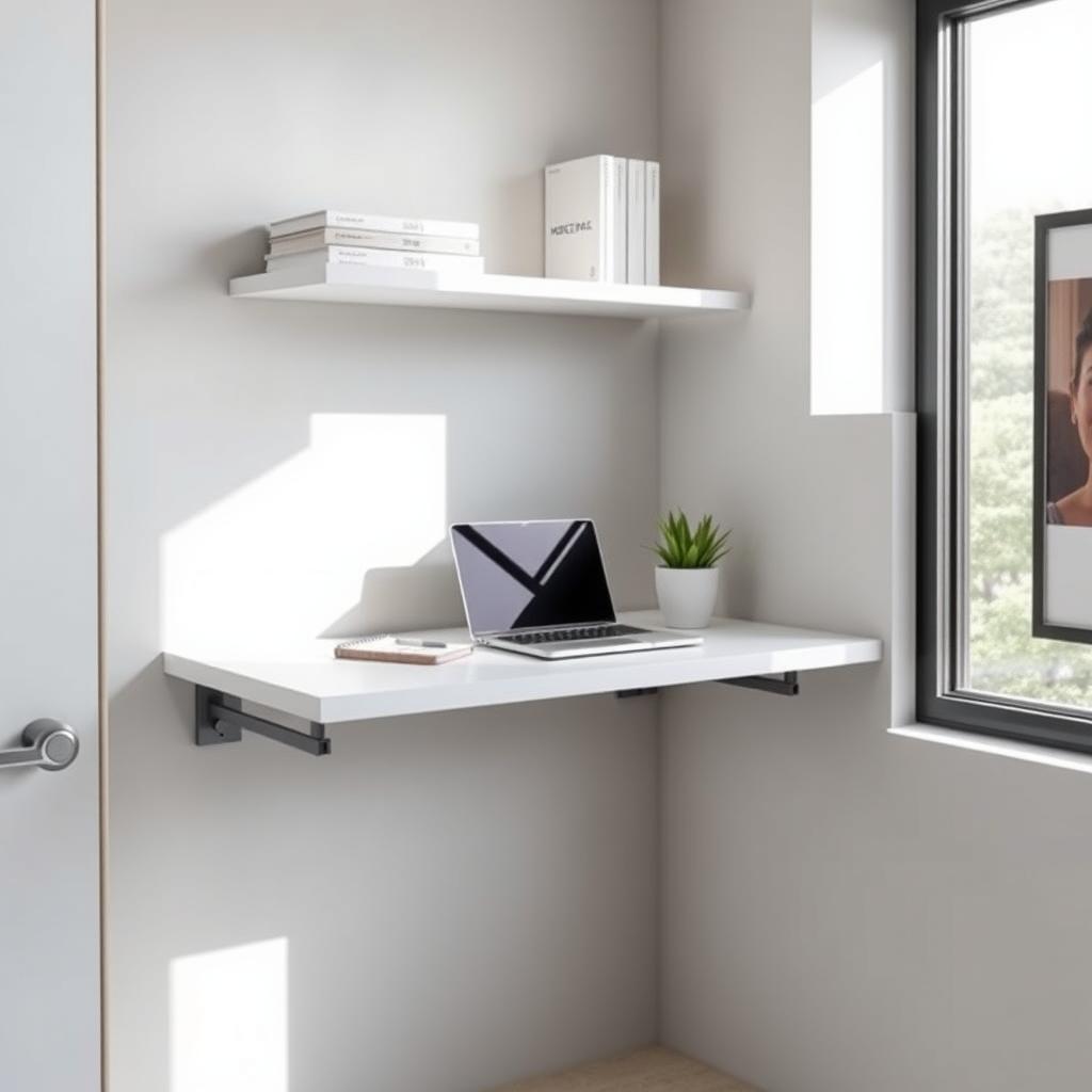A modern wall-mounted desk in a tiny office, set up with a laptop, plant, and notebook, against a light gray wall with a floating shelf.