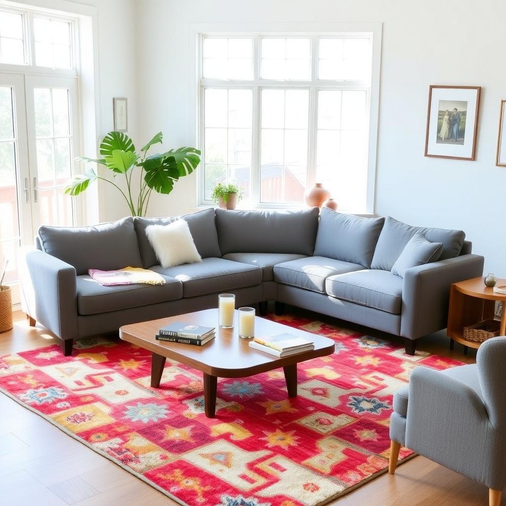 Bright living room with a gray sofa, wooden coffee table, and cozy armchair.