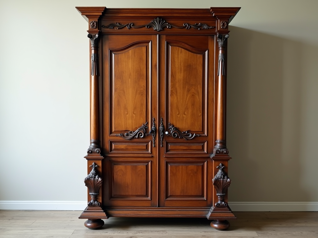 A traditional wooden armoire with ornate carvings