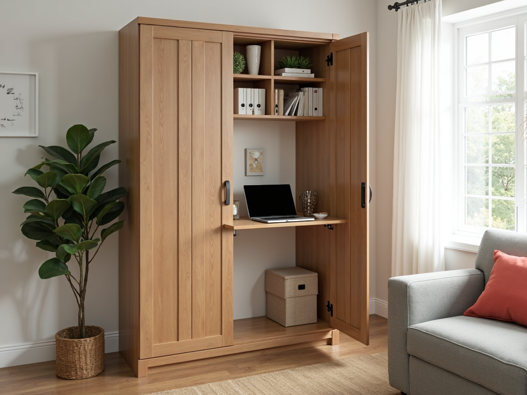 An armoire transformed into a compact home office