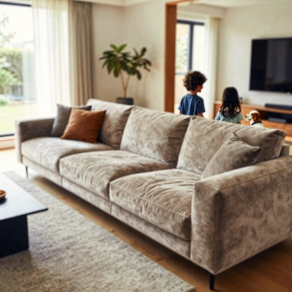 Family enjoying a durable fabric sofa in a modern living room with kids and a pet dog