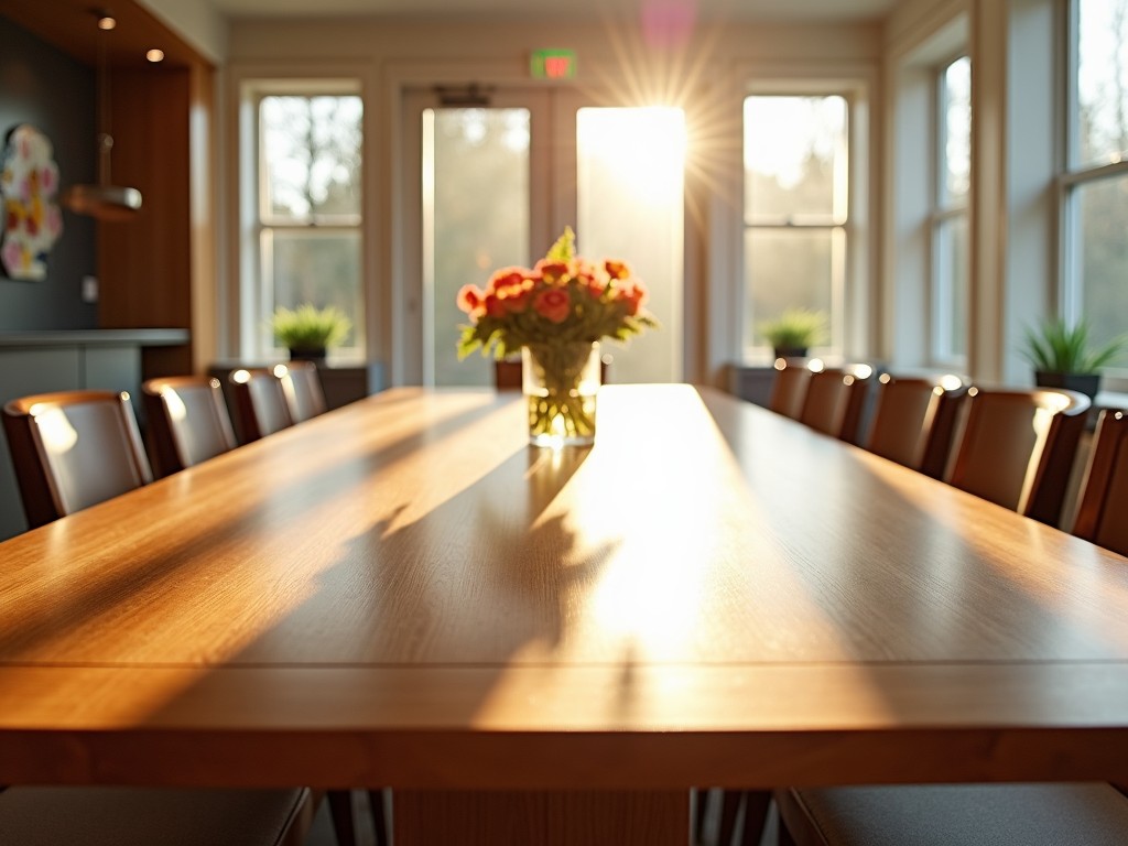 Photo of a wooden dining table in a bright room with sunlight streaming in, showcasing its natural grain and polished finish.