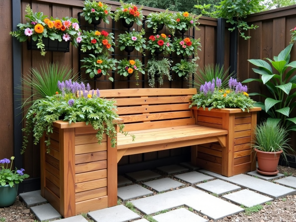 A bench with built-in planters on a small patio
