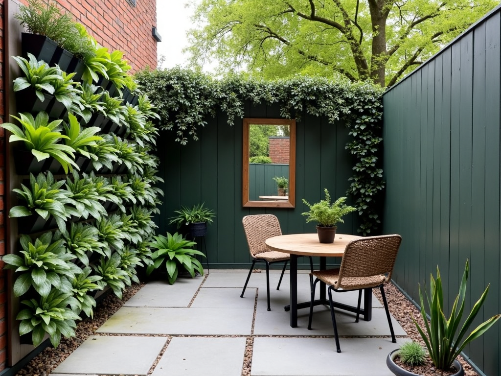 A small patio with a vertical garden, compact furniture, and a mirror to enhance the sense of space.
