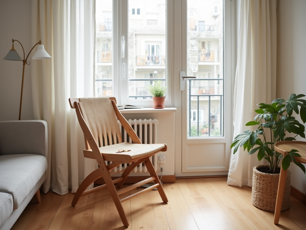 A foldable chair in a compact living room