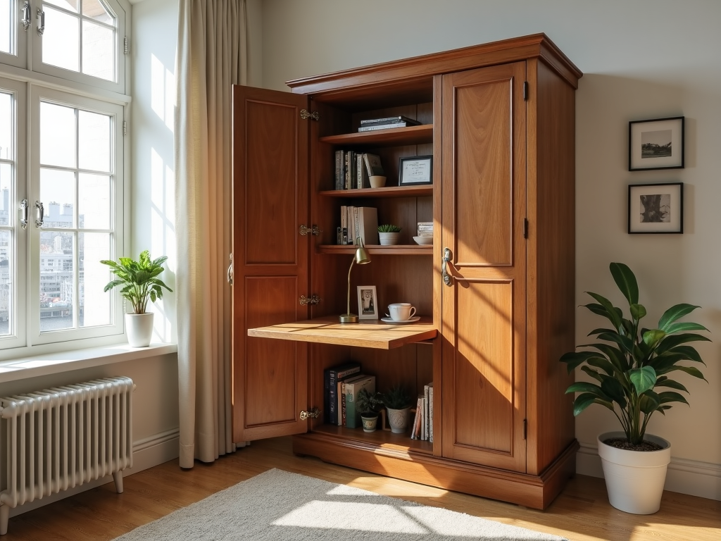 An armoire in a small apartment with open doors showing shelves and a fold-out desk.