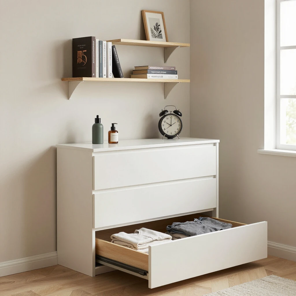 Small cozy bedroom with under-bed storage, wall shelves, and slim dresser for maximized space