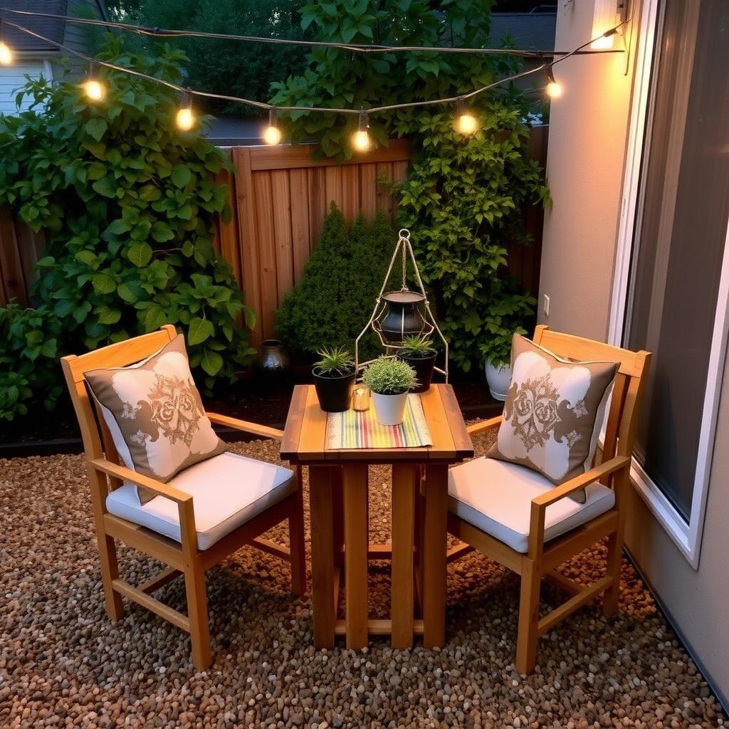 Cozy budget-friendly outdoor patio with a wooden table, cushioned chairs, and string lights at dusk.