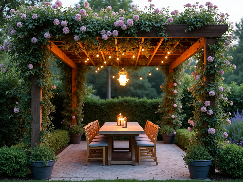 A pergola with climbing plants providing shade and privacy.