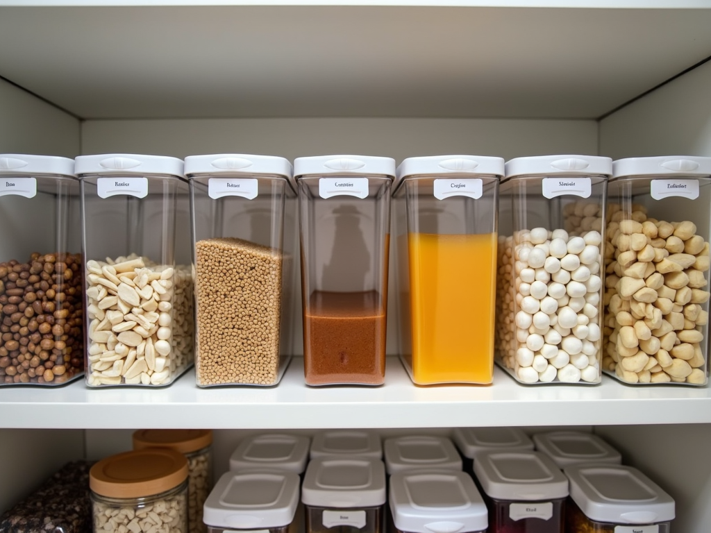 Clear containers with labels organizing pantry items.